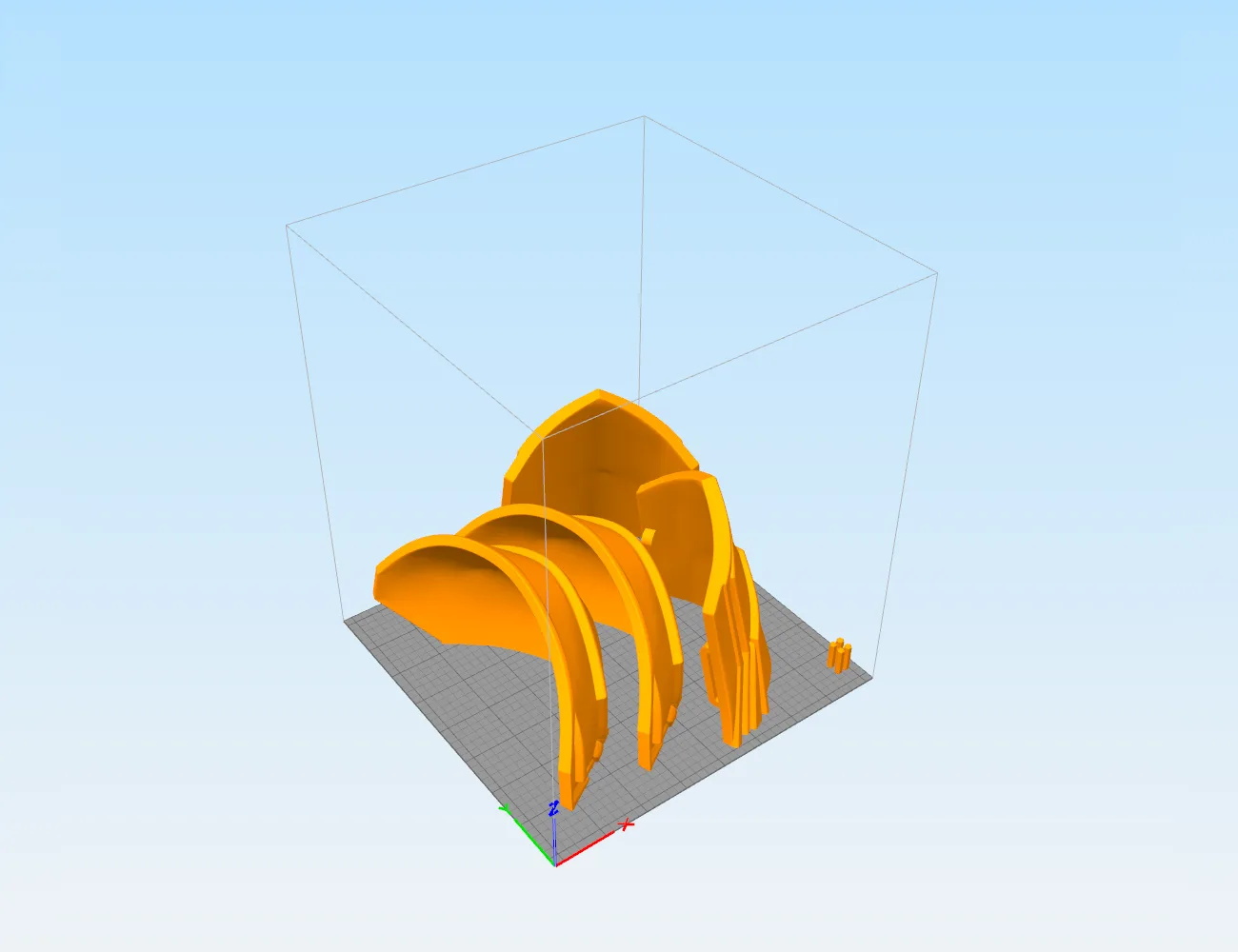 Slicer screenshot of Black Shoulder Armor - Black Widow, orange parts on print bed, 3D print cosplay prop