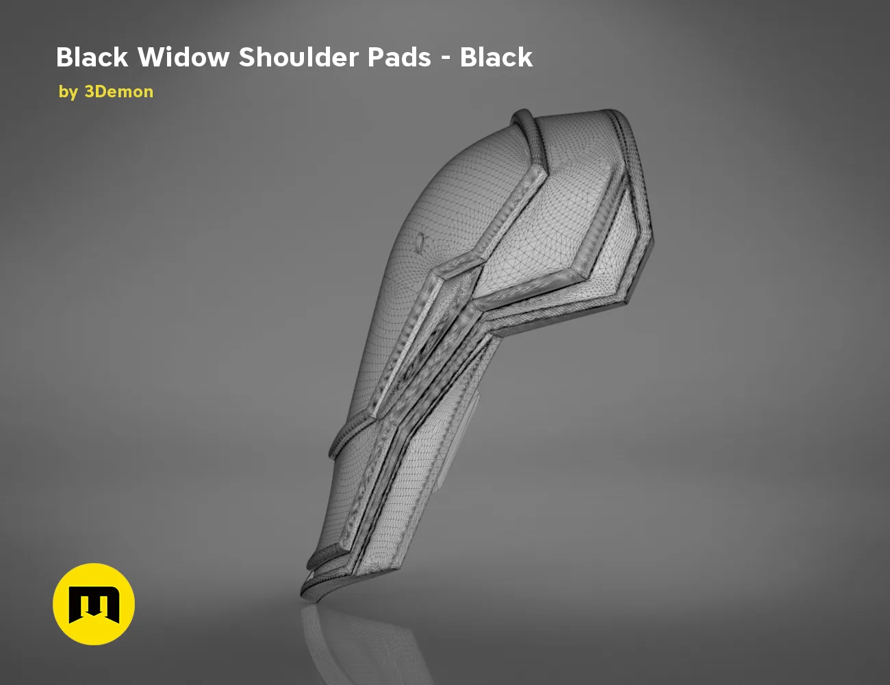 Wireframe mesh render of Black Widow Shoulder Pads STL, detailed mesh topology, 3D print cosplay prop