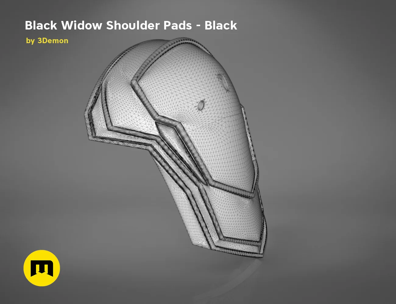 Wireframe mesh render of Black Widow Shoulder Pads STL, detailed mesh topology, 3D print cosplay armor