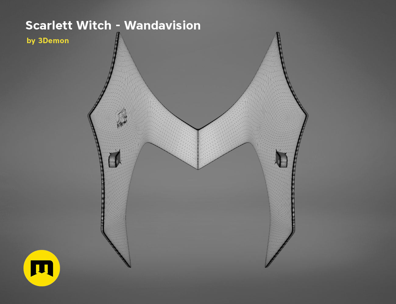 Wireframe mesh render of Scarlet Witch Wandavision headpiece STL, top mesh view with pointed wings, Marvel 3D print c...