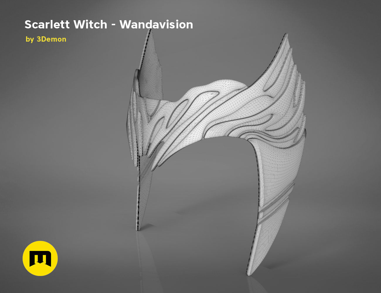 Wireframe mesh render of Scarlet Witch Headpiece STL, intricate wandavision wing mesh topology, Marvel cosplay accessory
