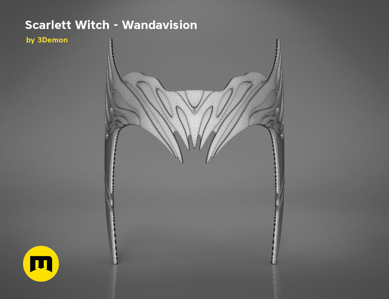 Wireframe mesh render of Scarlet Witch Wandavision headpiece STL, intricate mesh topology, 3D print cosplay accessory