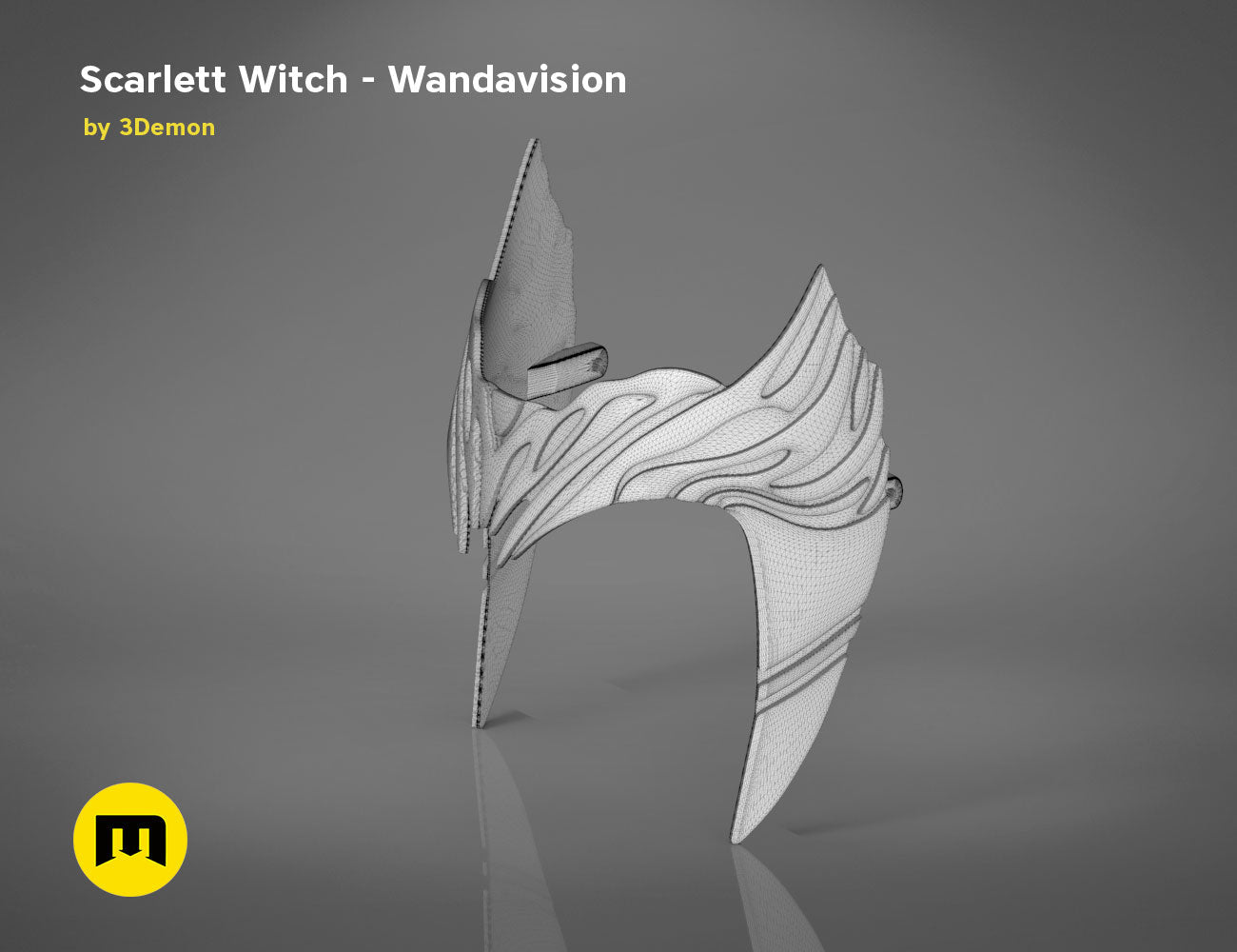 Wireframe mesh render of Scarlet Witch Wandavision headpiece STL, intricate side mesh topology, 3D print cosplay acce...