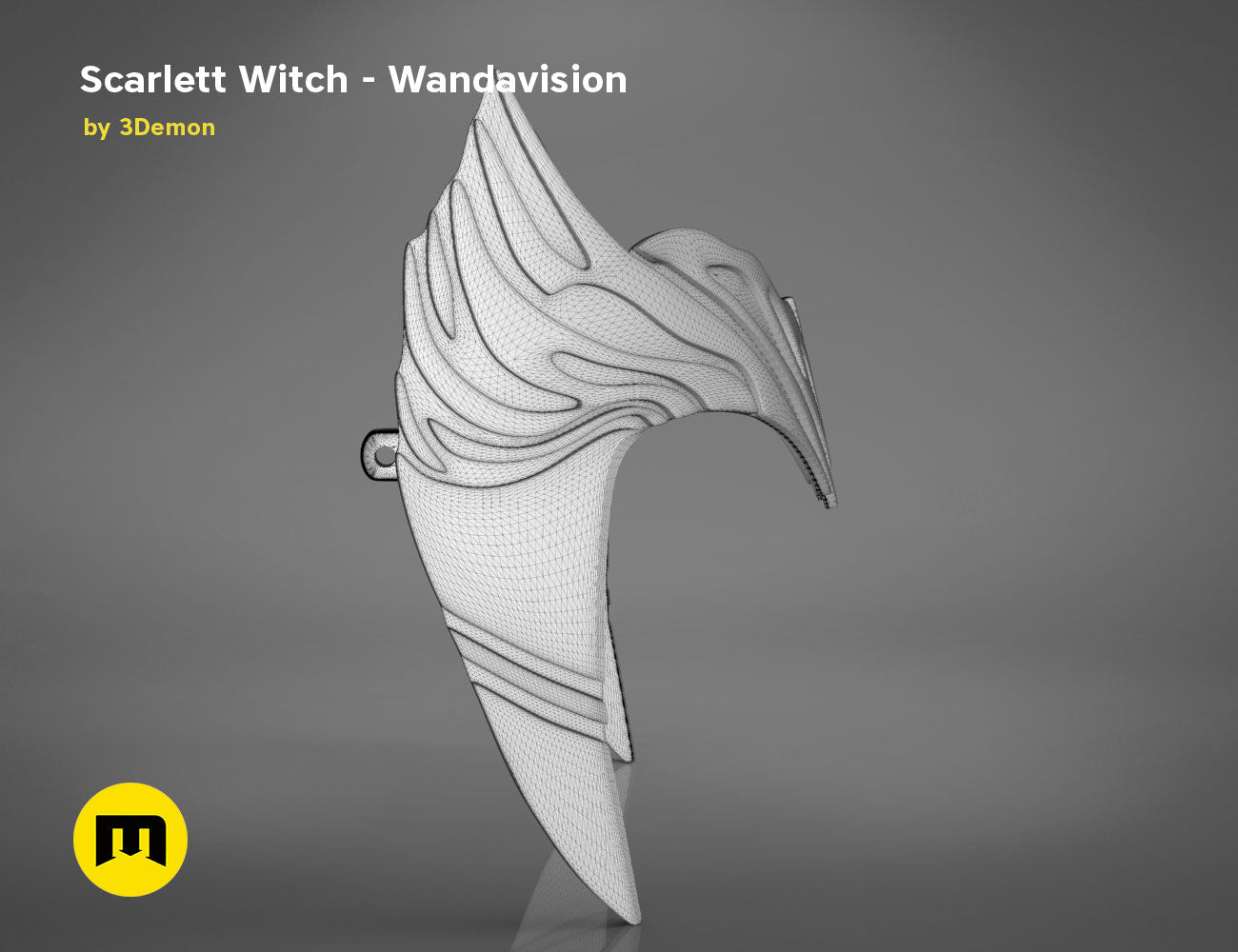 Wireframe mesh render of Scarlet Witch Headpiece STL, intricate wandavision mesh topology, Marvel cosplay accessory