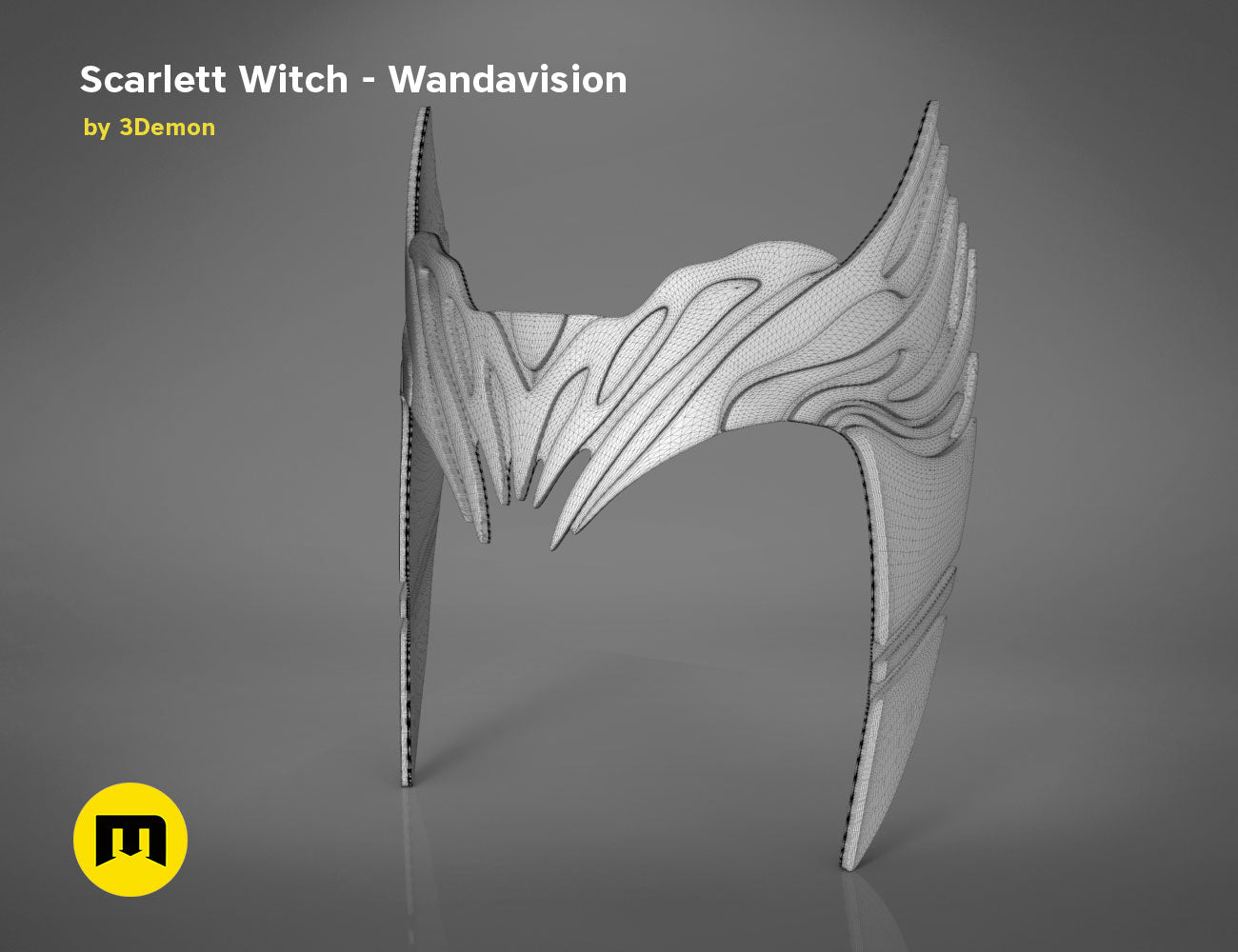 Wireframe mesh render of Scarlet Witch Wandavision headpiece STL, intricate mesh topology, 3D print cosplay accessory
