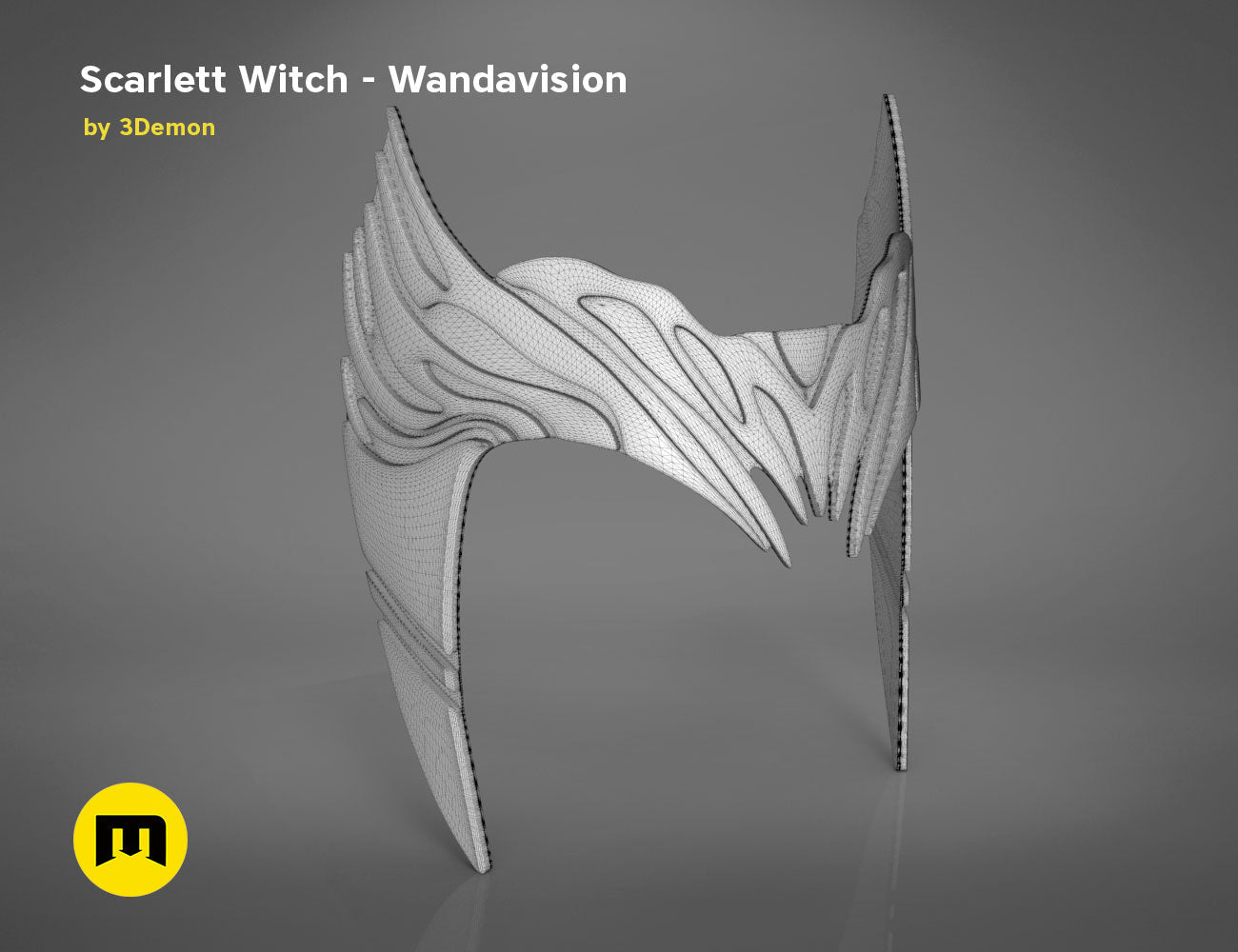 Wireframe mesh render of Scarlet Witch Wandavision headpiece STL, intricate mesh topology, Marvel cosplay accessory