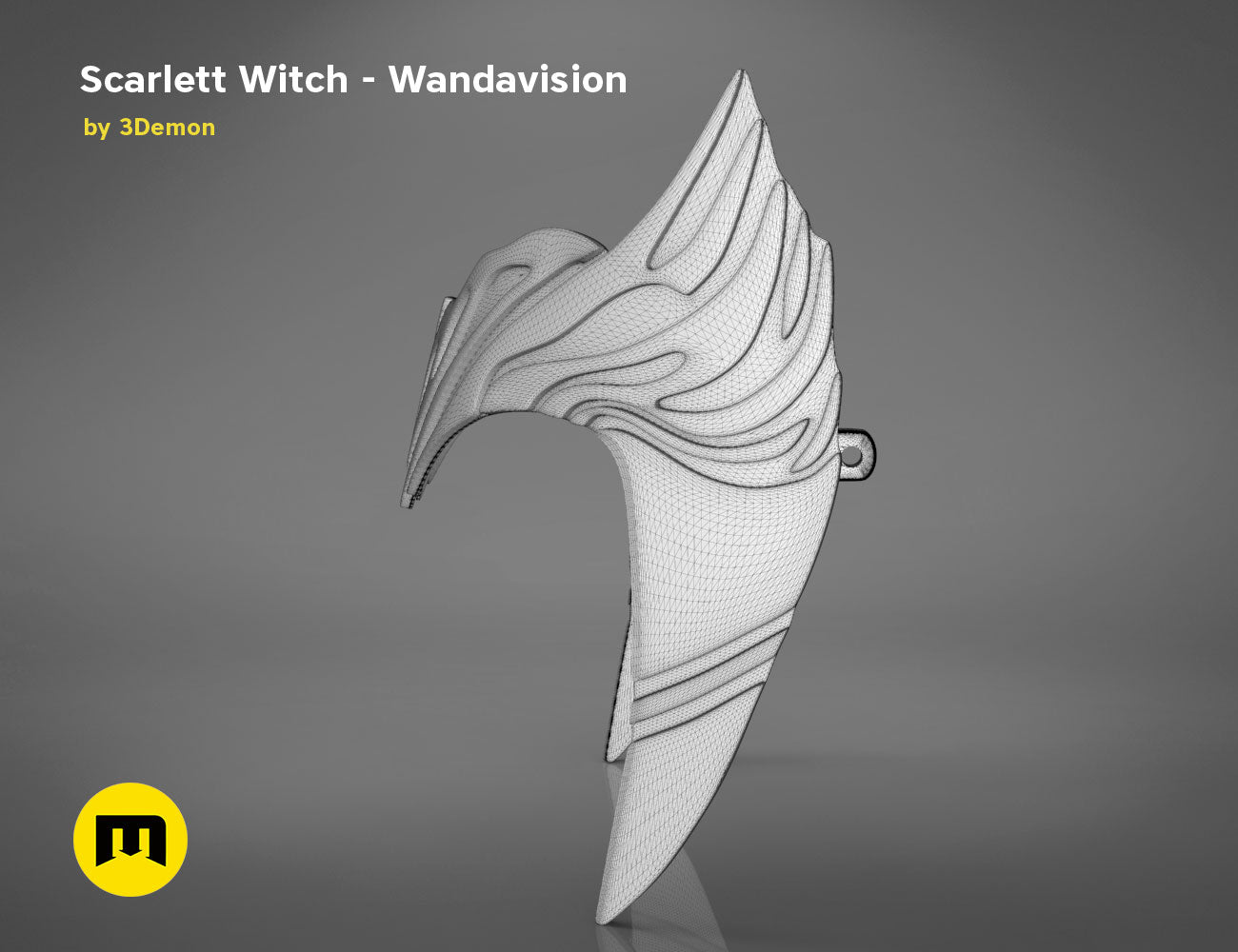 Wireframe mesh render of Scarlet Witch Wandavision headpiece STL, intricate mesh topology, Marvel cosplay accessory