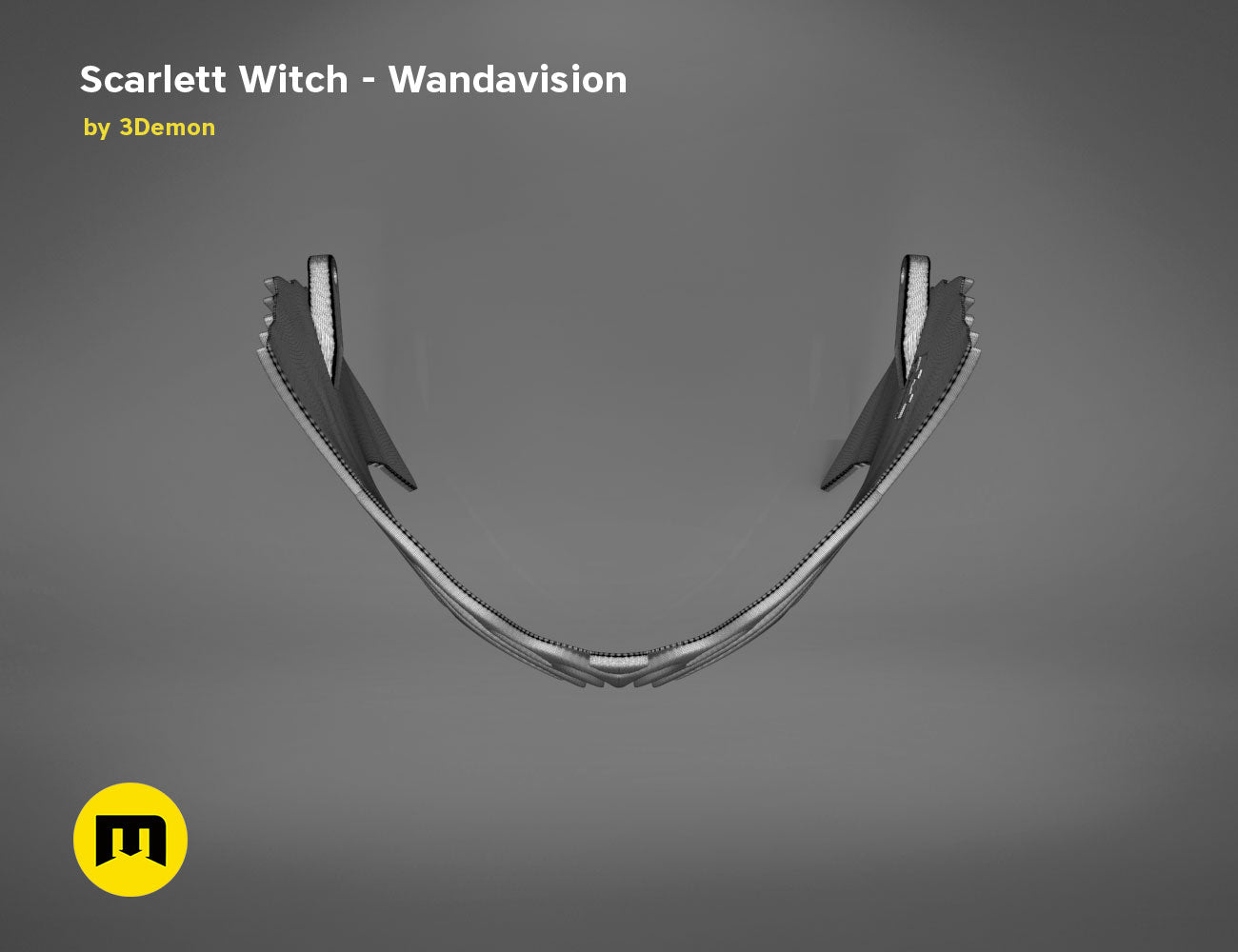 3D model render of Scarlet Witch Wandavision headpiece, curved silver accessory with dual prongs, Marvel cosplay prop
