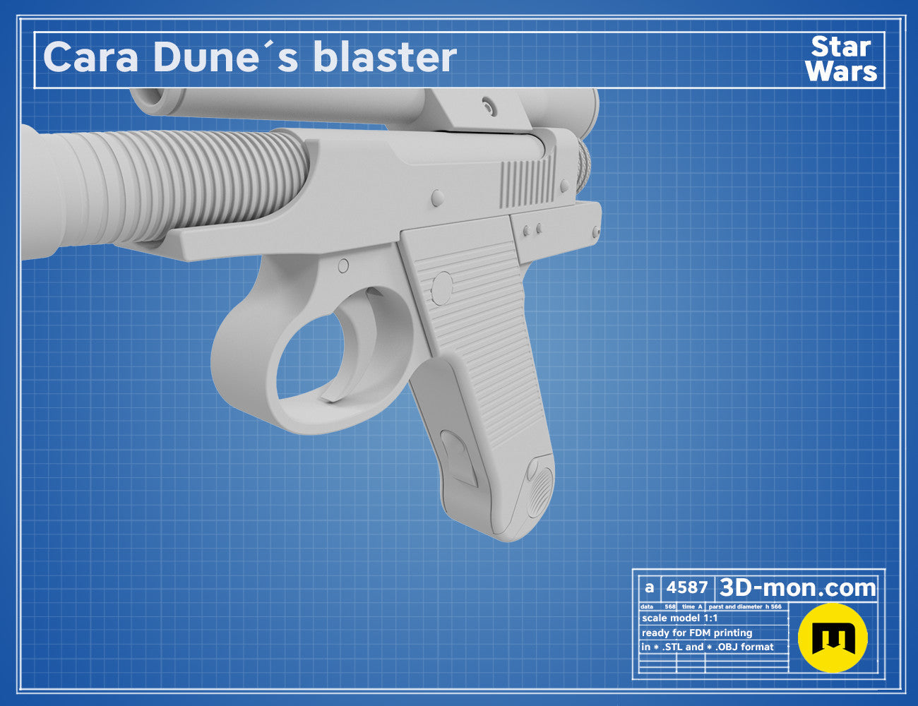 3D model render of Cara Dune’s Blaster, Star Wars cosplay prop, side grip detail