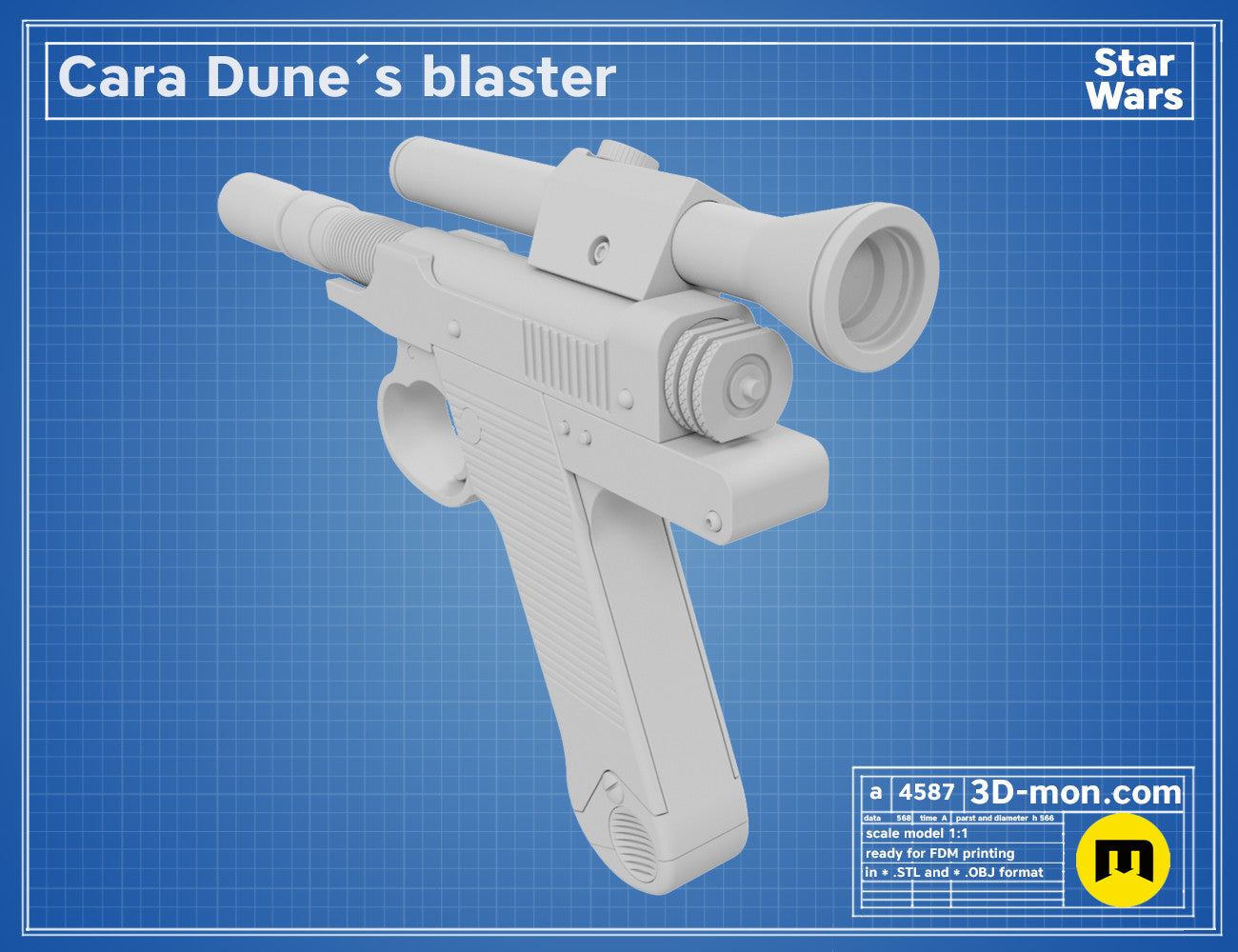 3D model render of Cara Dune’s blaster, Star Wars cosplay prop, side view STL preview