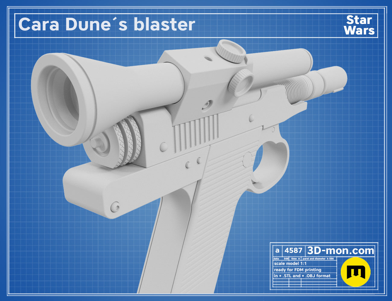 3D model render of Cara Dune’s blaster, Star Wars cosplay weapon with scope and grip, 3D print STL