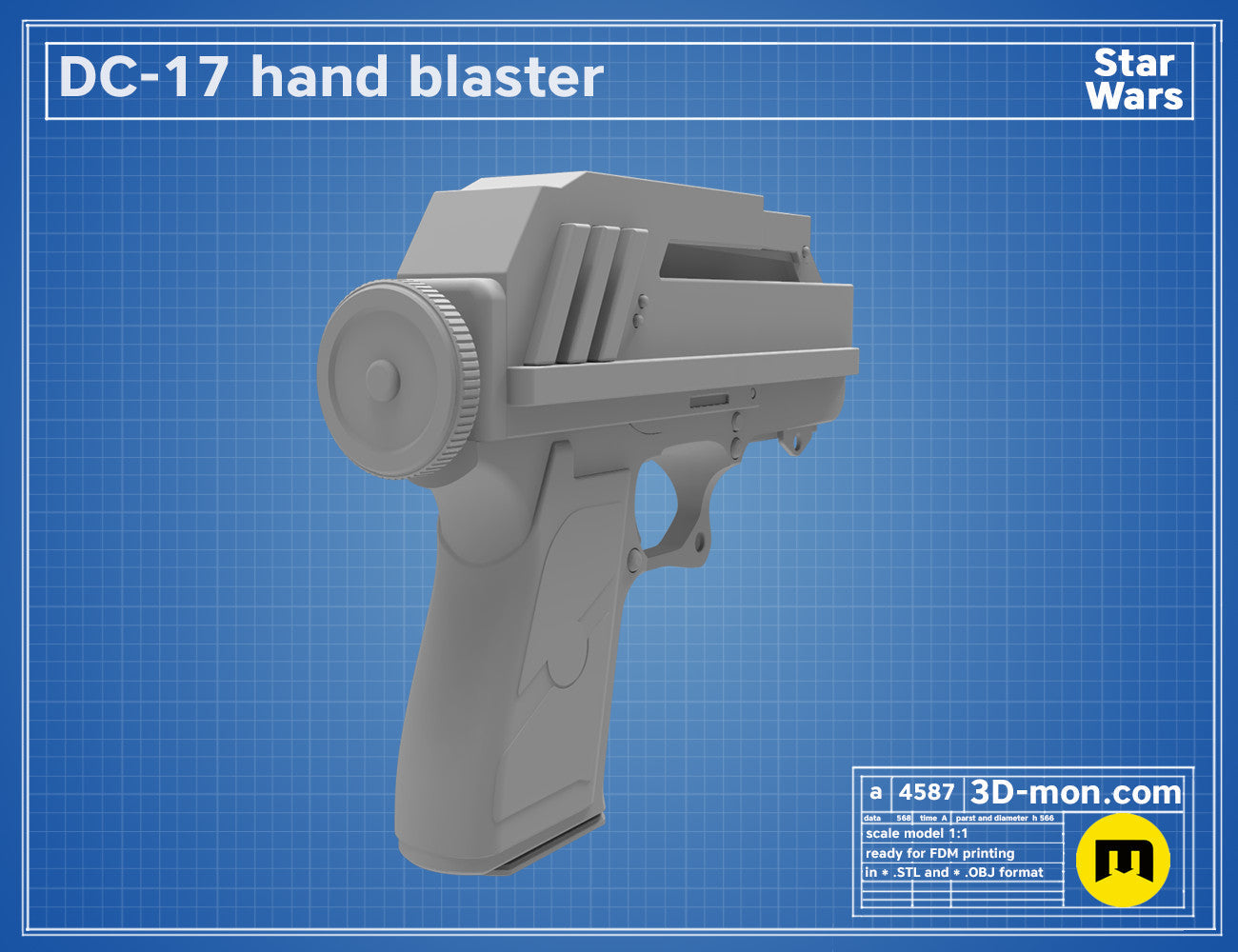 3D model render of DC-17 Blaster, grey Star Wars hand blaster, side view 3D print cosplay prop