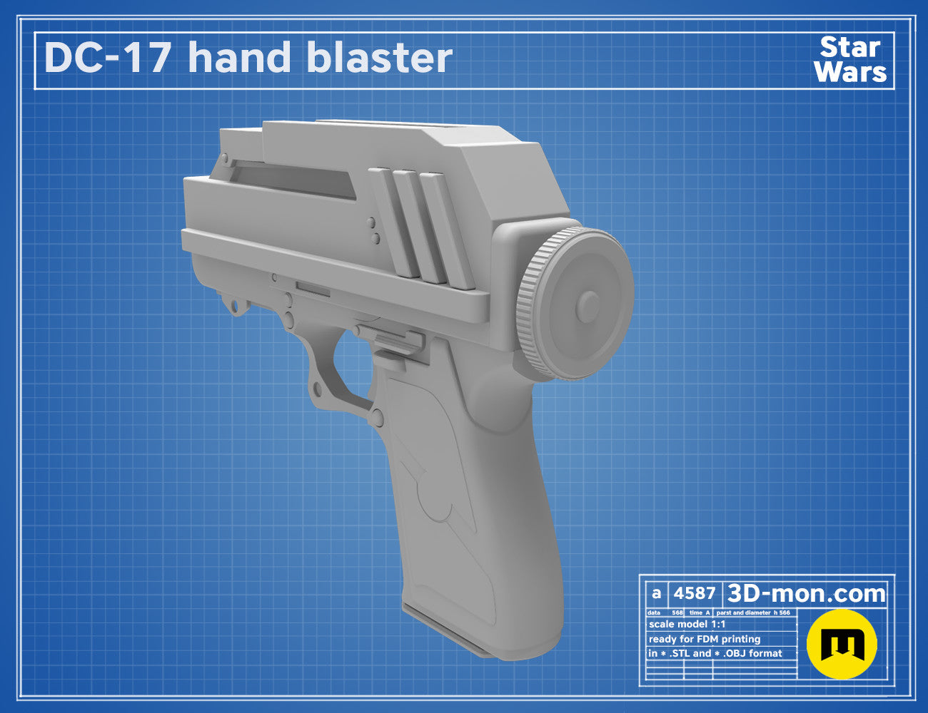 3D model render of DC-17 Blaster, grey Star Wars hand blaster, side view 3D print cosplay prop