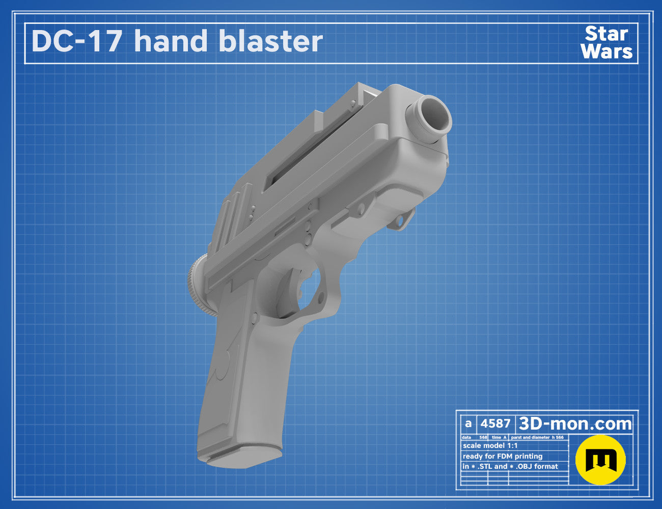 3D model render of DC-17 Blaster, side view, Star Wars 3D print cosplay prop