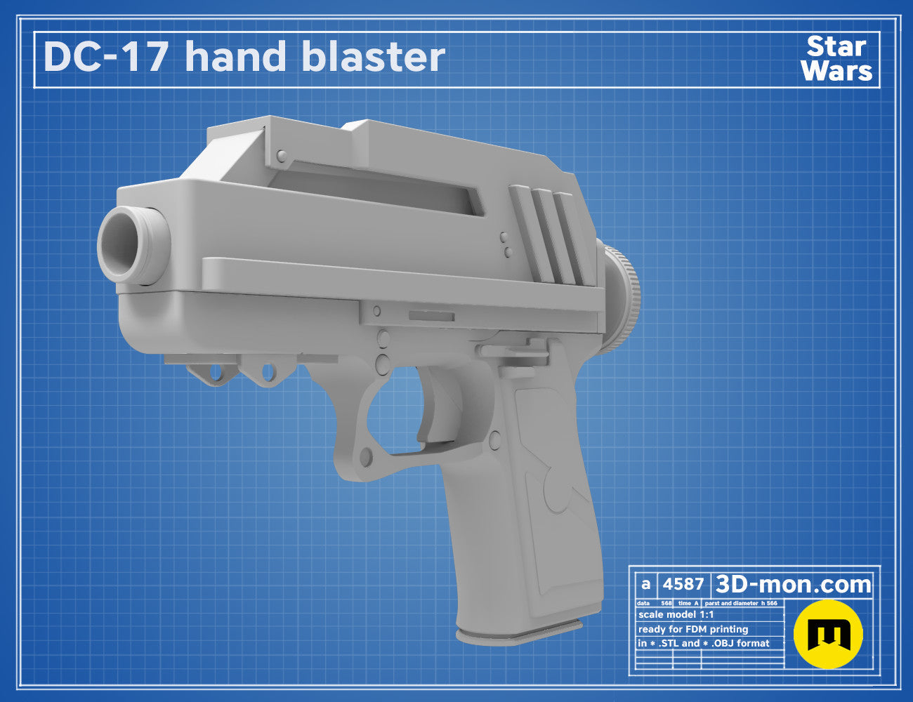 3D model render of DC-17 Blaster, Star Wars hand blaster side view, printable 3D print cosplay prop