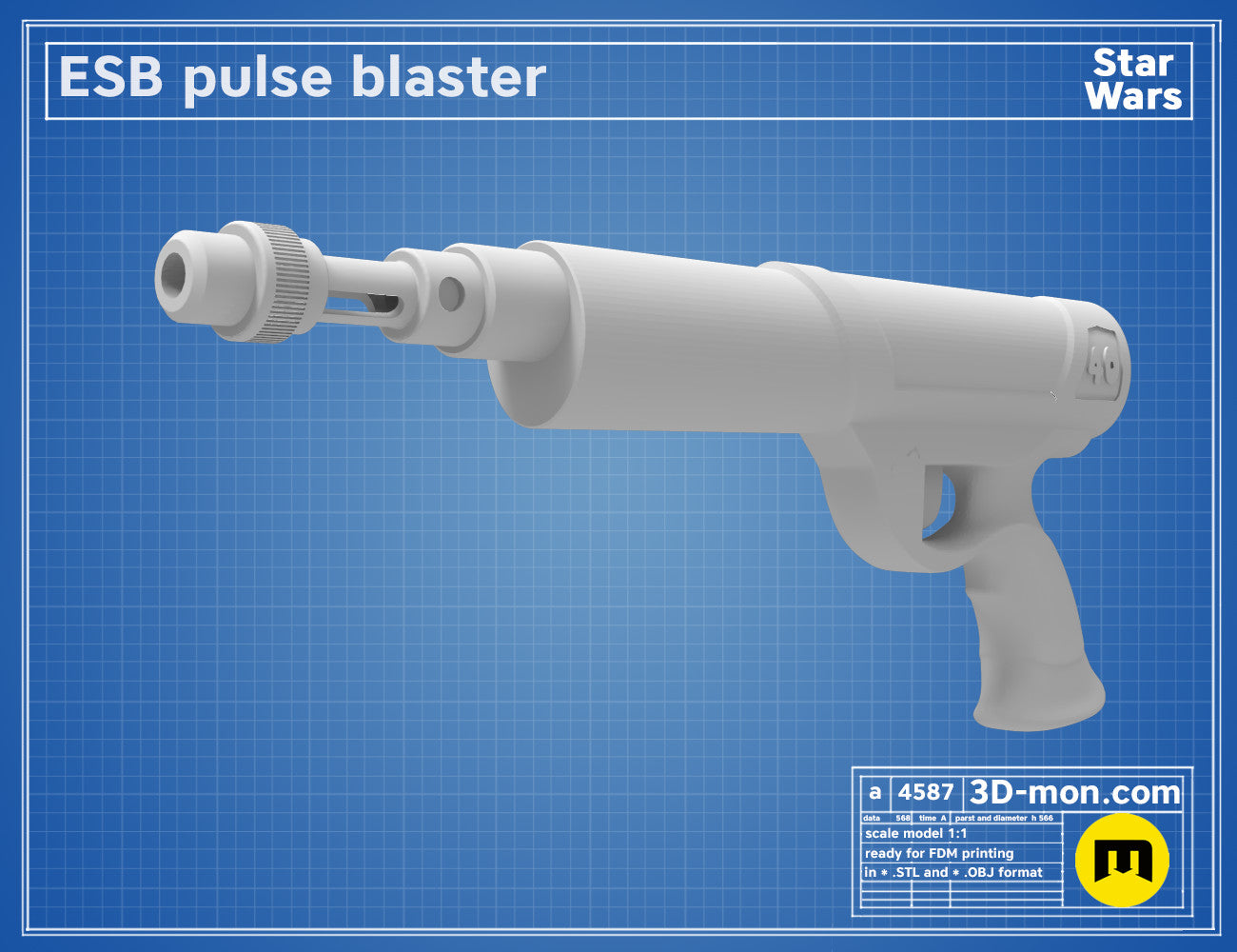 3D model render of ESB Pulse 40 Blaster, white Star Wars 3D print cosplay prop
