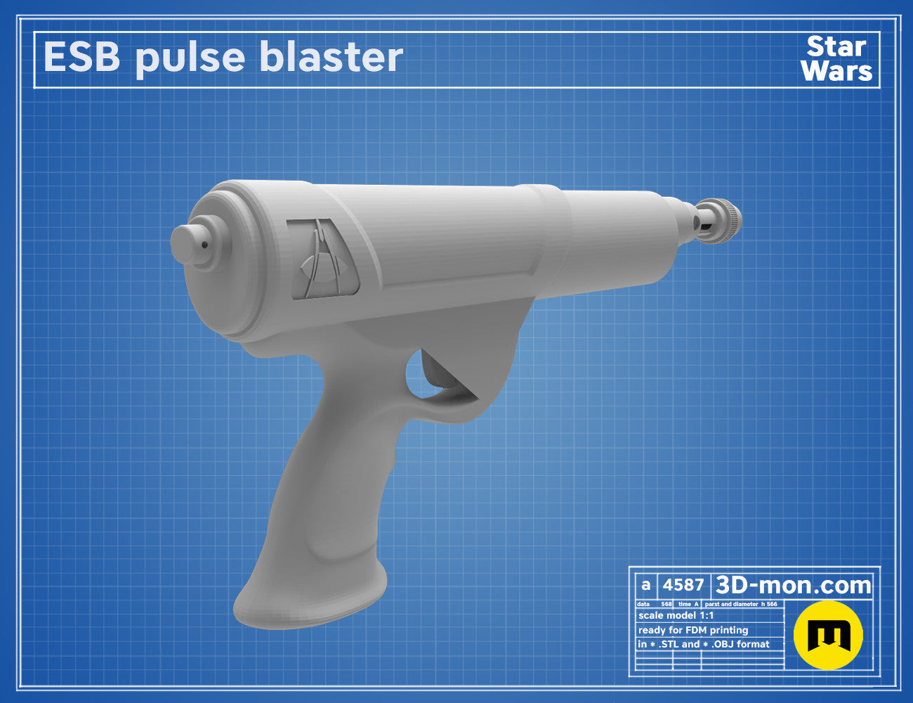 3D model render of ESB Pulse 40 Blaster, white Star Wars 3D print cosplay prop, side view