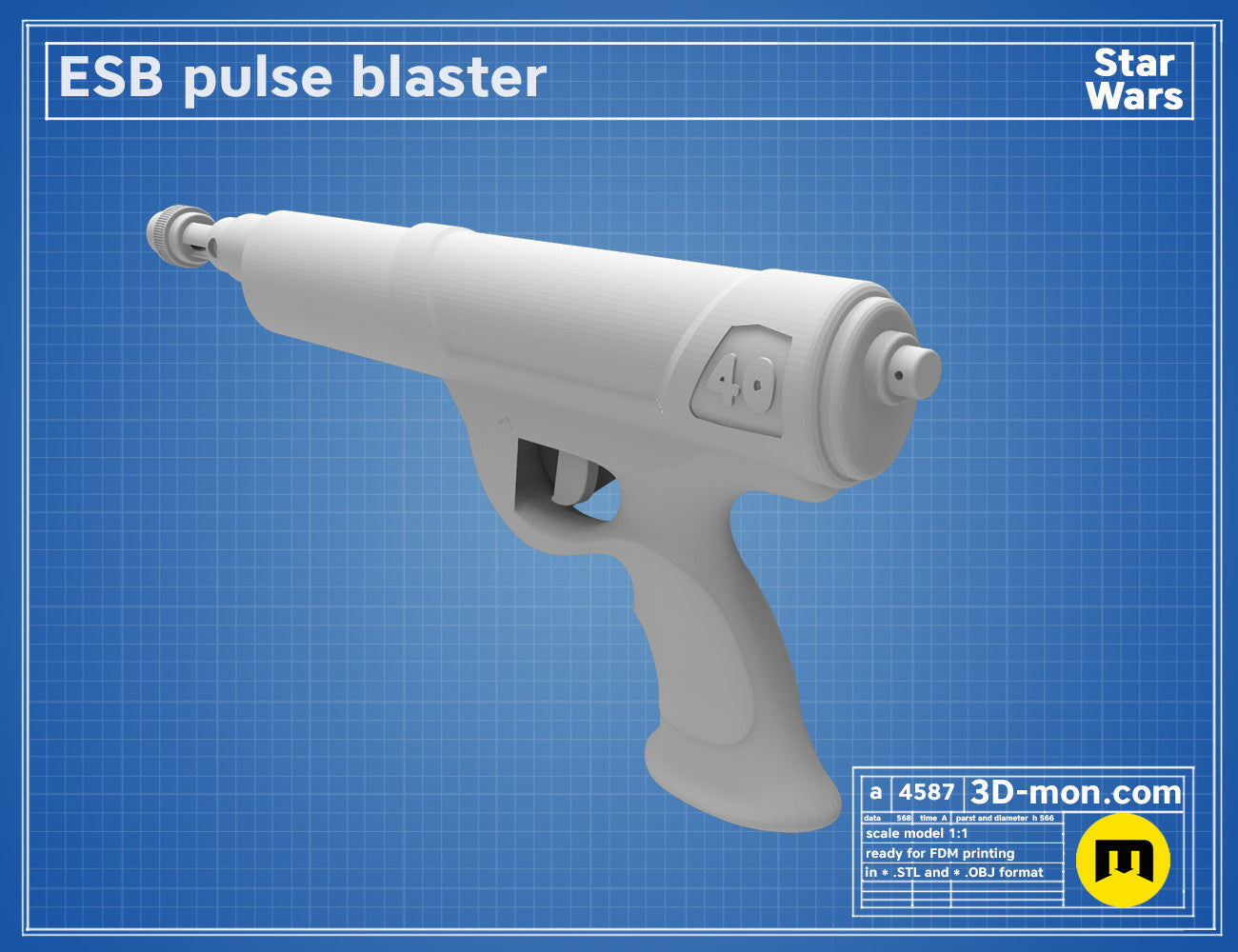 3D model render of ESB Pulse 40 Blaster, white Star Wars cosplay weapon, side view STL