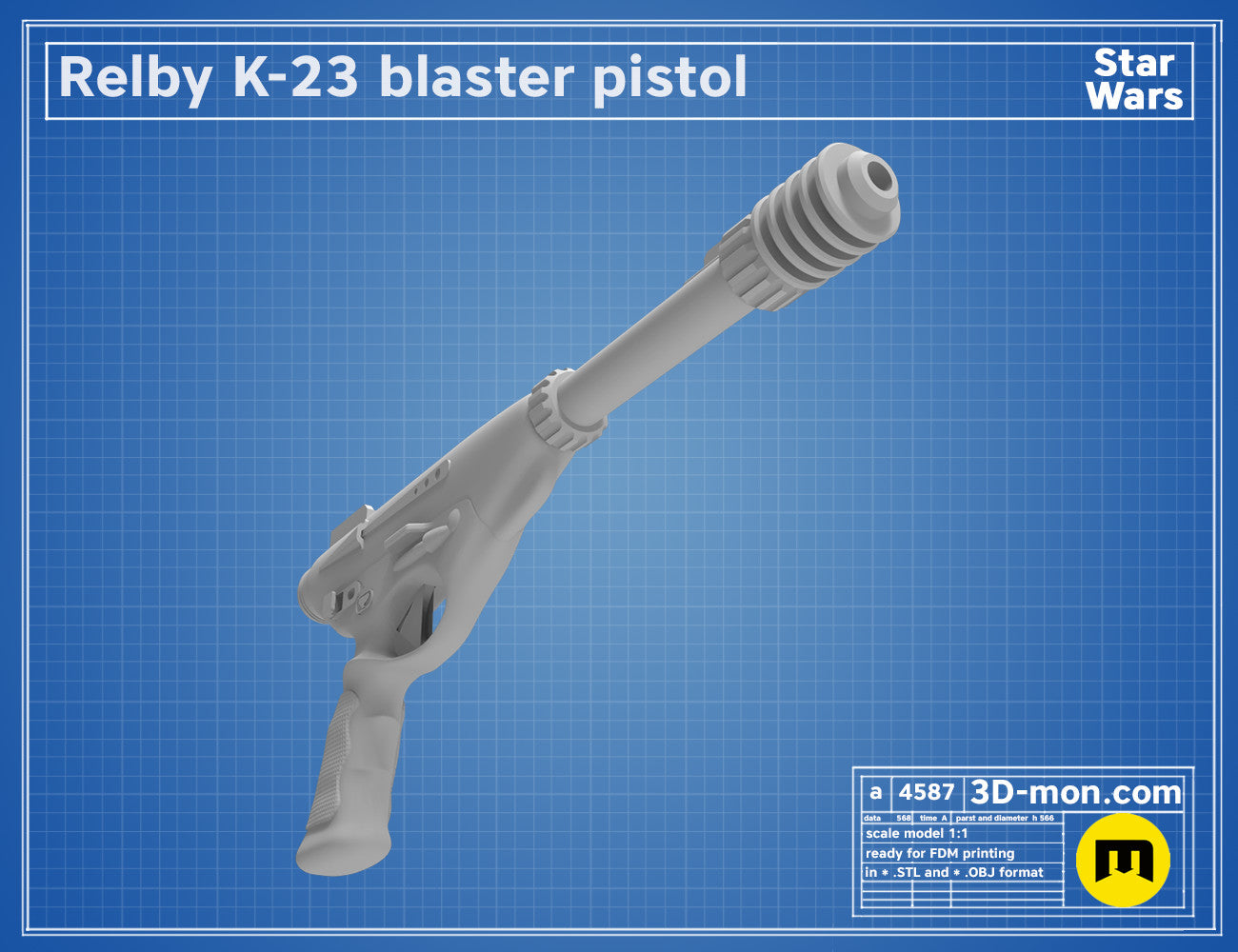 3D model render of Relby K-23 Blaster pistol, side view, Star Wars 3D print cosplay prop