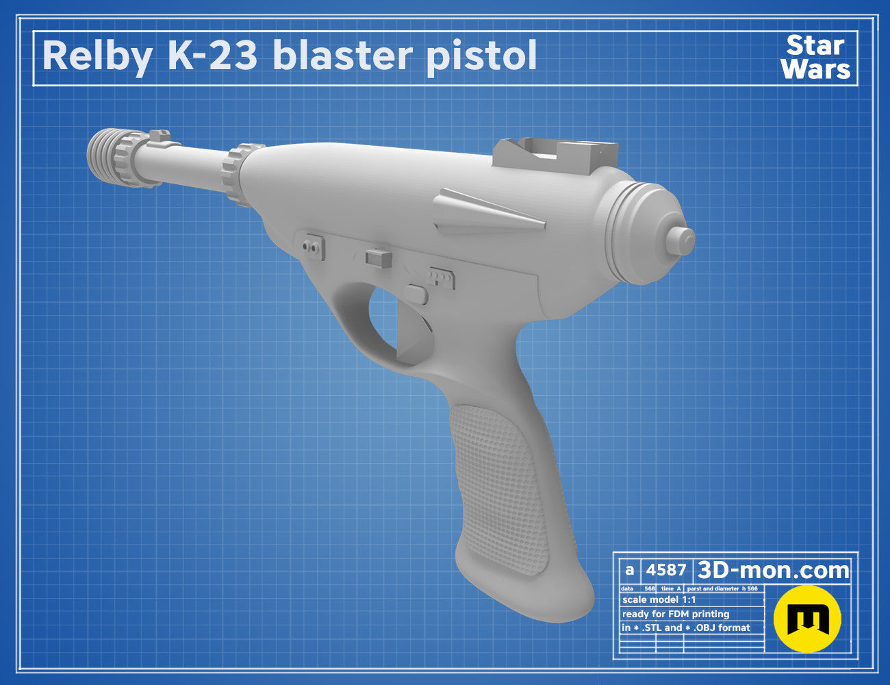 3D model render of Relby K-23 Blaster pistol, side view, Star Wars cosplay prop STL