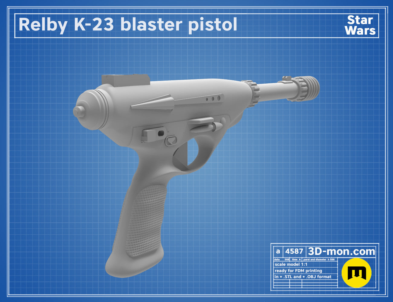 3D model render of Relby K-23 Blaster pistol, Star Wars cosplay prop, side view STL