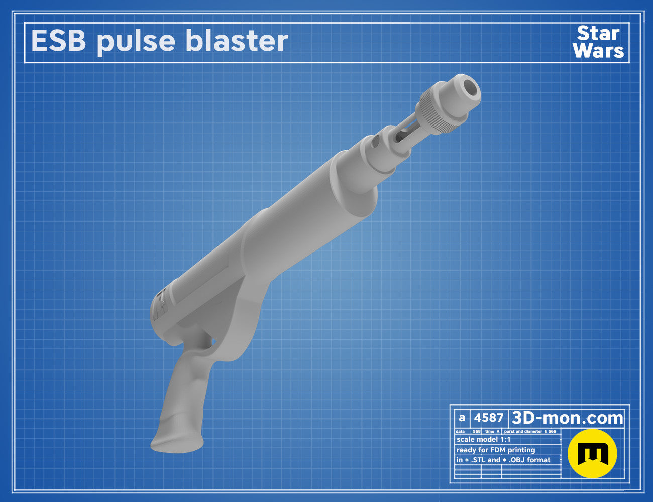 3D visualization of ESB Pulse 40 Blaster, Star Wars weapon, printable 3D model