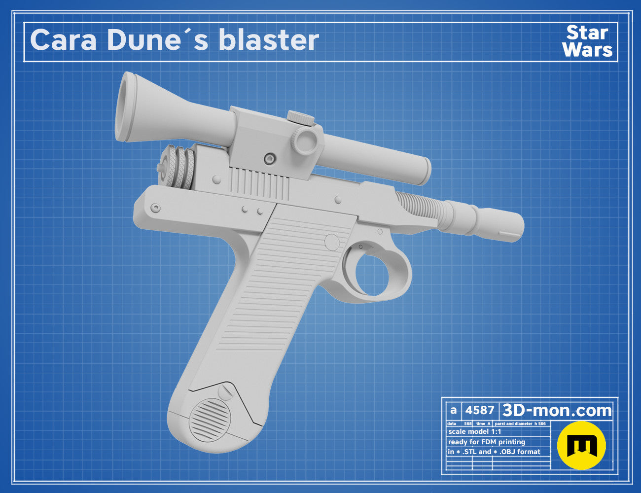 3D model render of Cara Dune’s blaster, white sci-fi weapon with scope, Star Wars cosplay prop