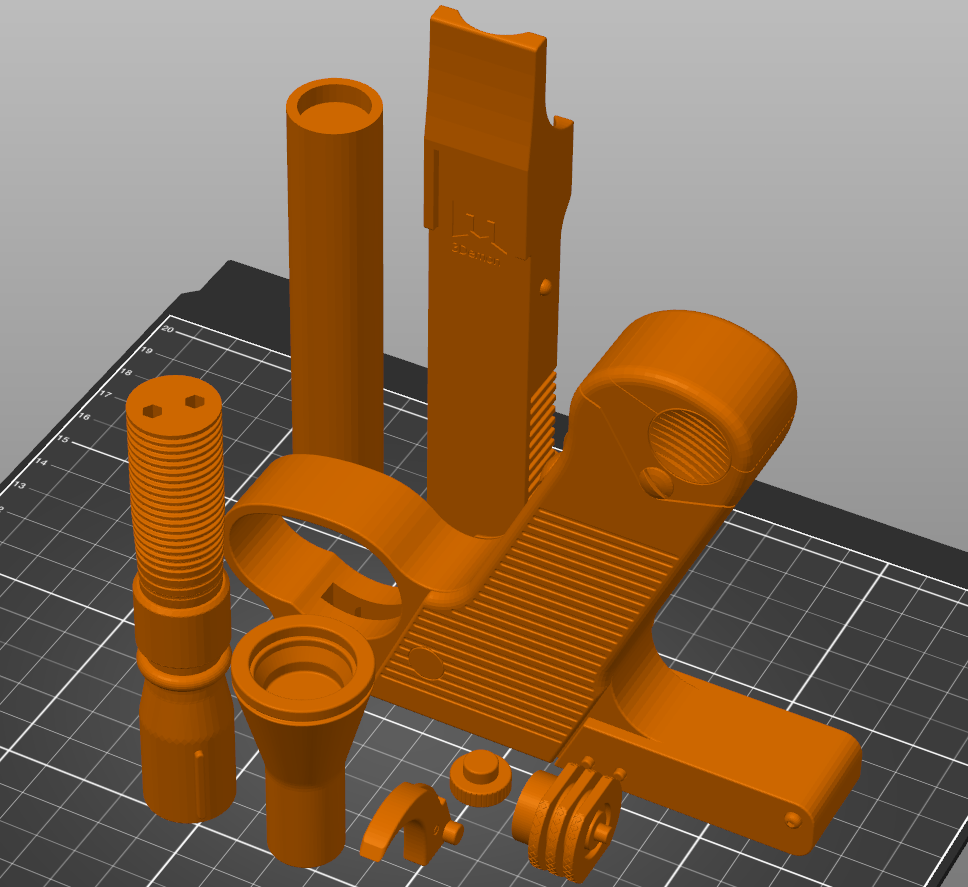 Exploded view of Cara Dune's Blaster, orange 3D printed parts assembly guide, sci-fi cosplay prop