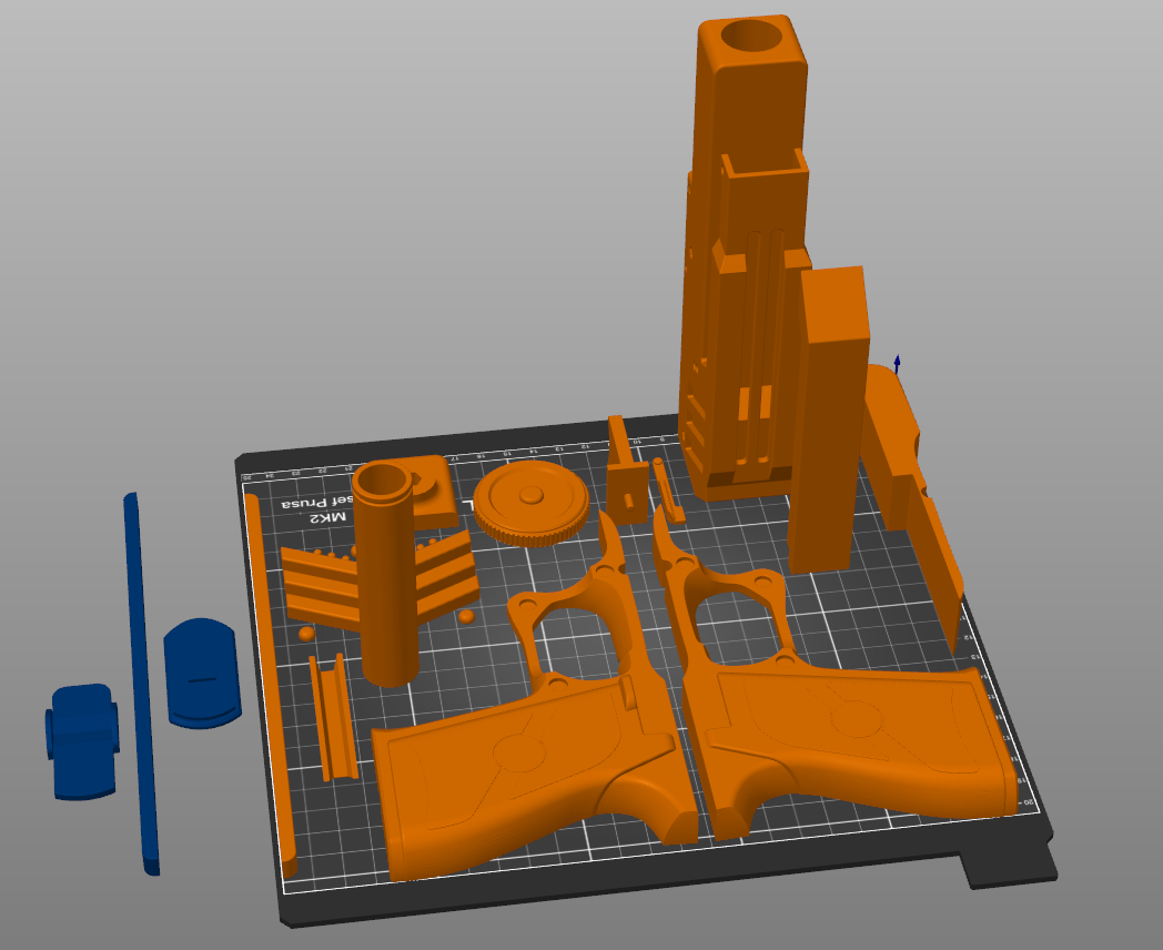 Color-coded parts breakdown of DC-17 Blaster STL, exploded view of sci-fi 3D print cosplay prop
