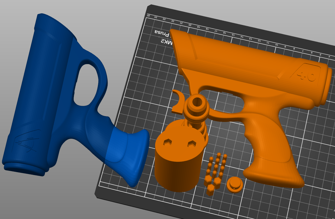 Slicer screenshot of ESB Pulse 40 Blaster STL, orange/blue parts on Prusa MK2 bed