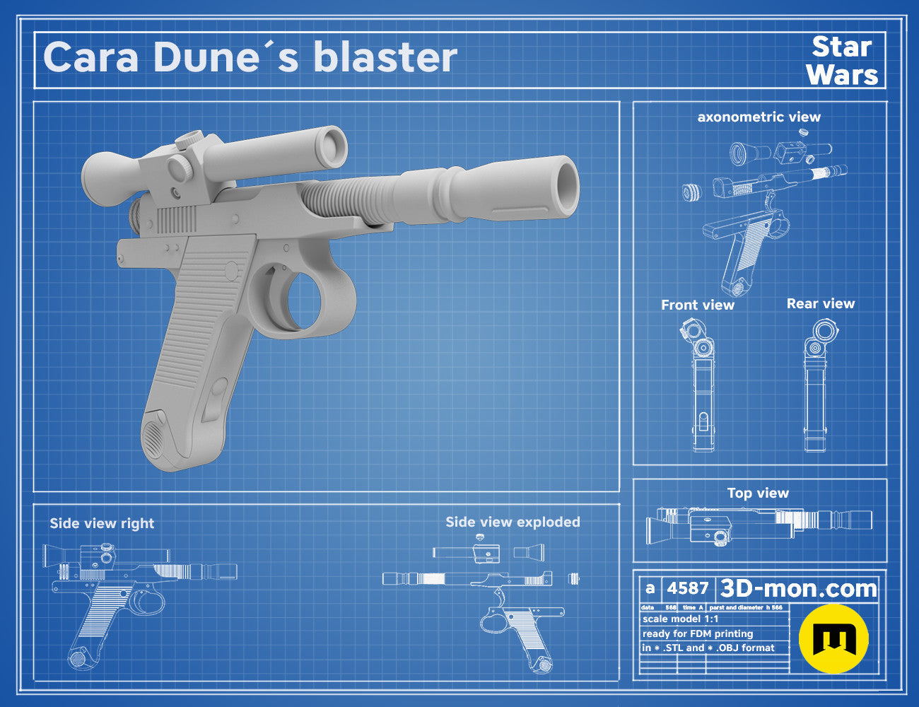 Exploded view of Cara Dune’s Blaster STL, Star Wars weapon assembly guide, 3D print cosplay prop