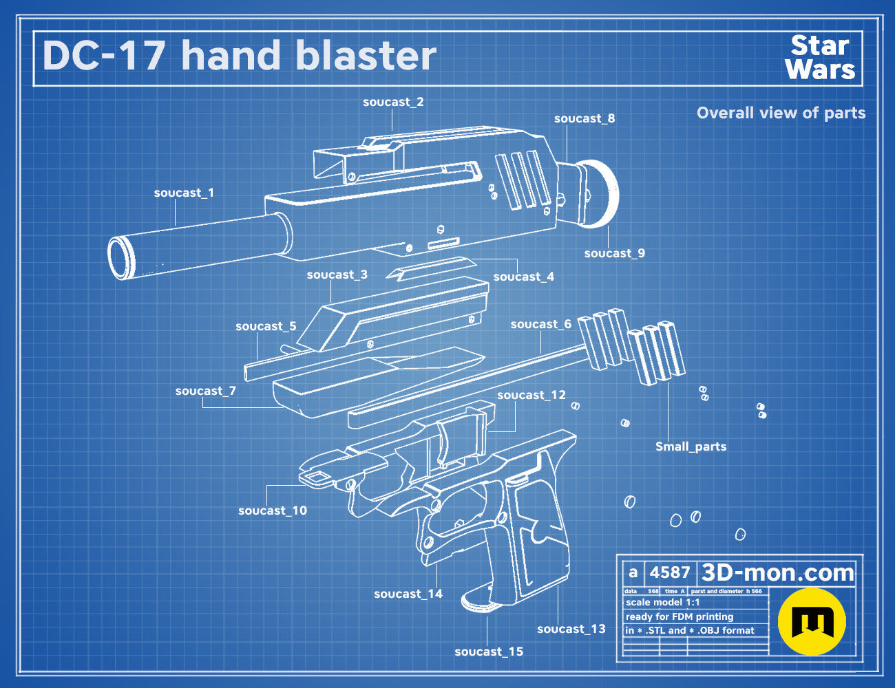 Exploded view of DC-17 Blaster STL, Star Wars hand blaster parts assembly guide, 3D print cosplay prop