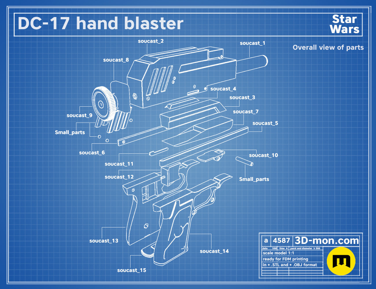 Exploded view of DC-17 Blaster STL, Star Wars weapon parts breakdown for 3D print cosplay prop
