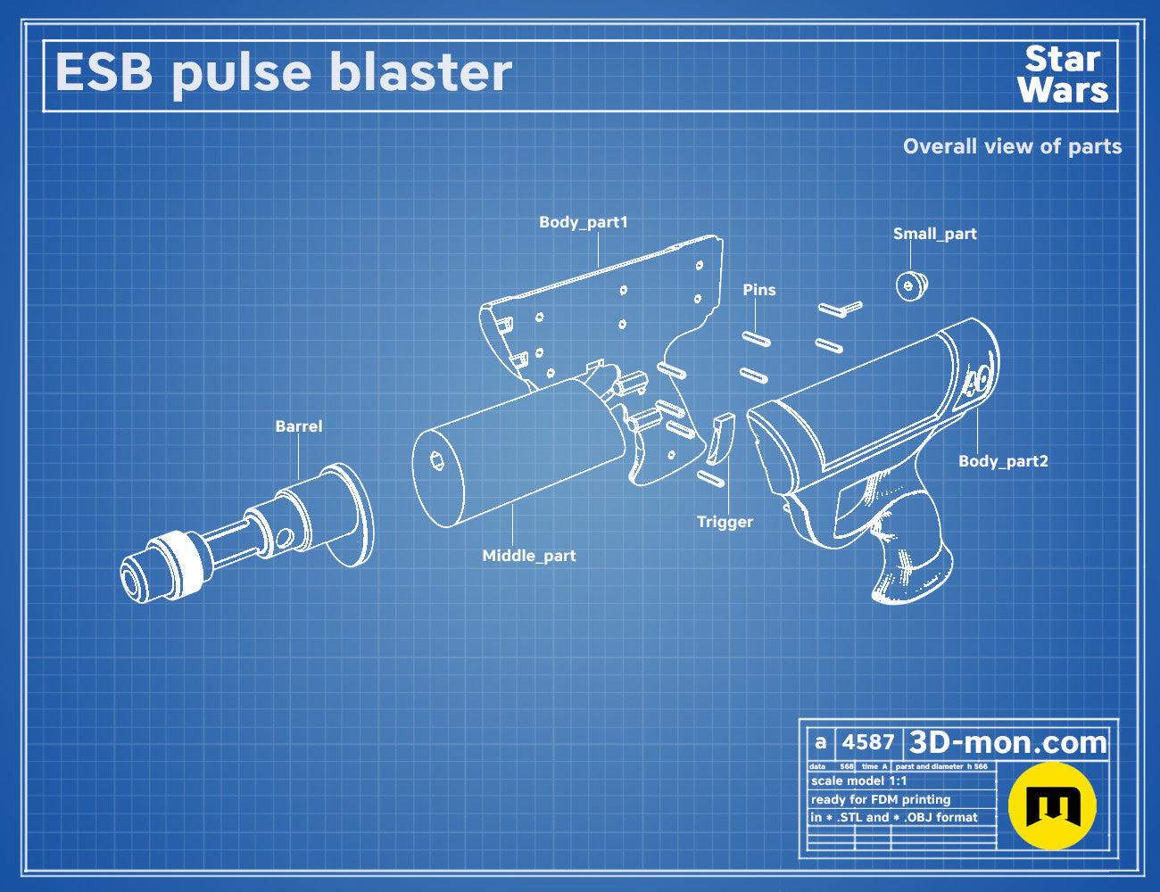 Exploded view of ESB Pulse 40 Blaster, Star Wars weapon parts breakdown for 3D print assembly
