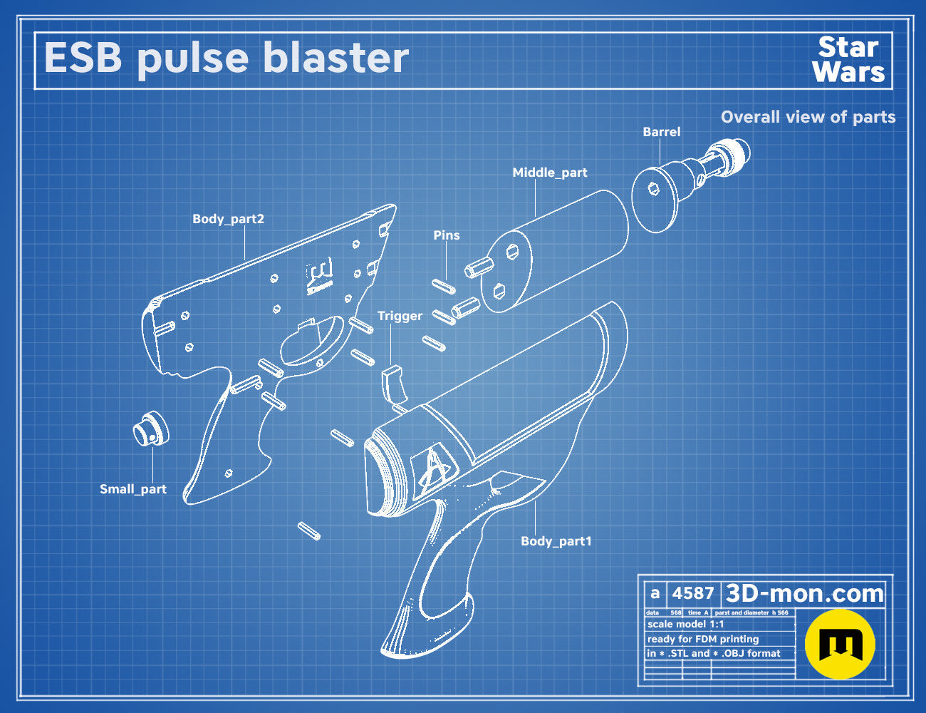 Exploded view of ESB Pulse 40 Blaster, Star Wars weapon parts breakdown for 3D print assembly