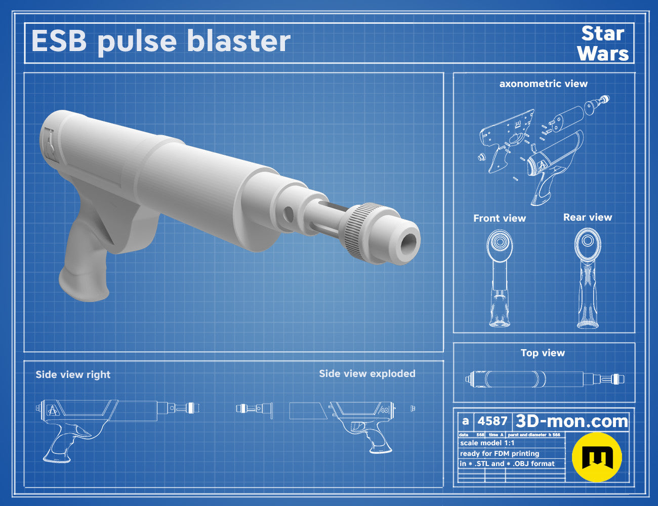 Exploded view of ESB Pulse 40 Blaster STL, Star Wars weapon assembly guide, 3D print cosplay prop