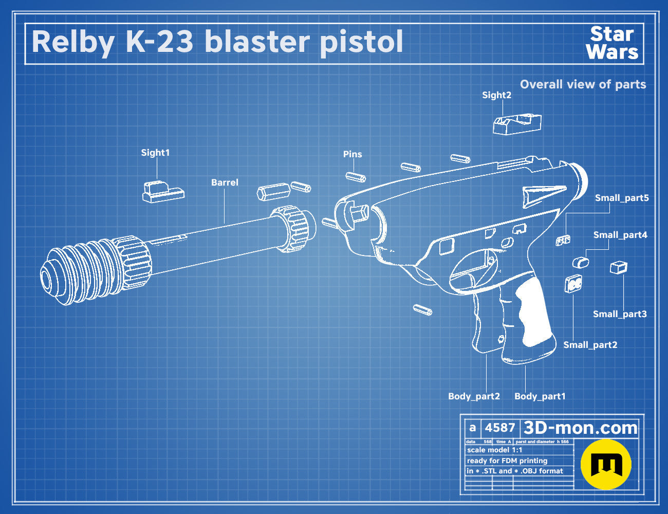 Exploded view of Relby K-23 Blaster pistol, Star Wars cosplay prop with labeled parts, 3D print assembly guide