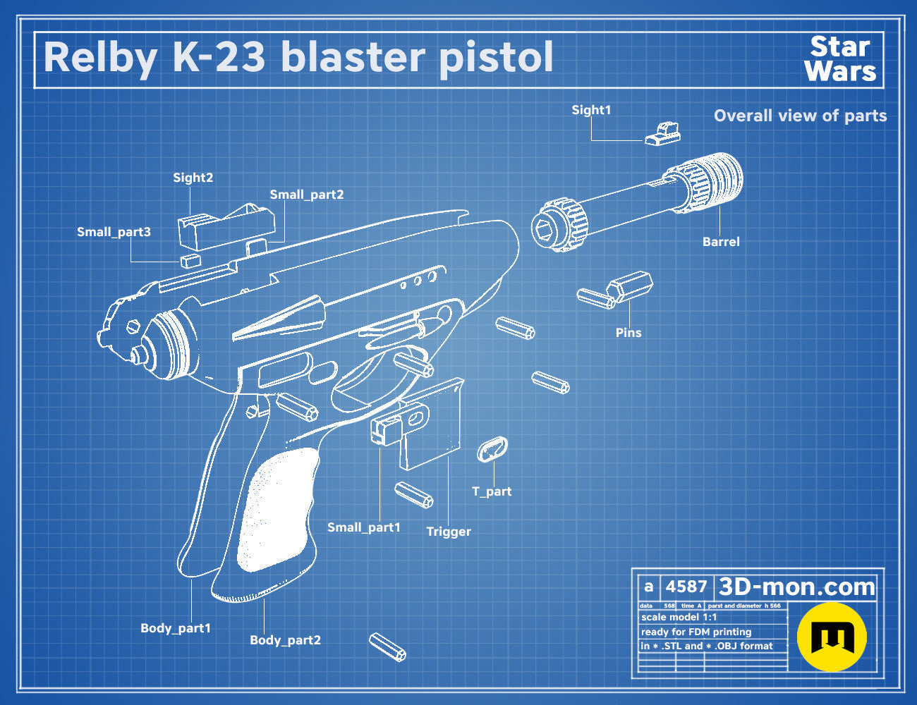 Exploded view of Relby K-23 Blaster pistol, Star Wars weapon parts breakdown for 3D print