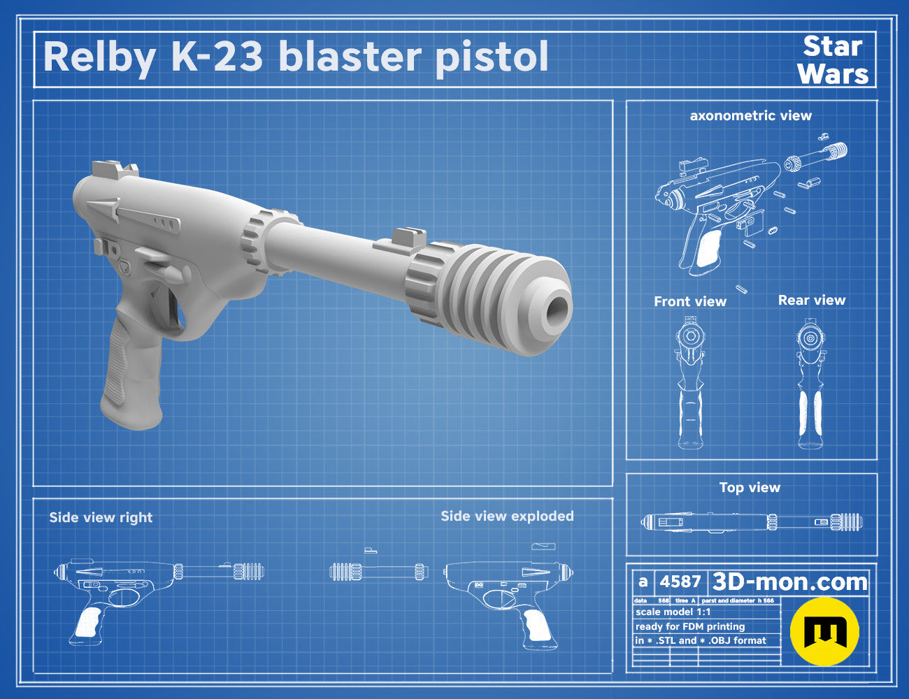 Exploded view of Relby K-23 Blaster STL, Star Wars weapon assembly guide, 3D print cosplay prop