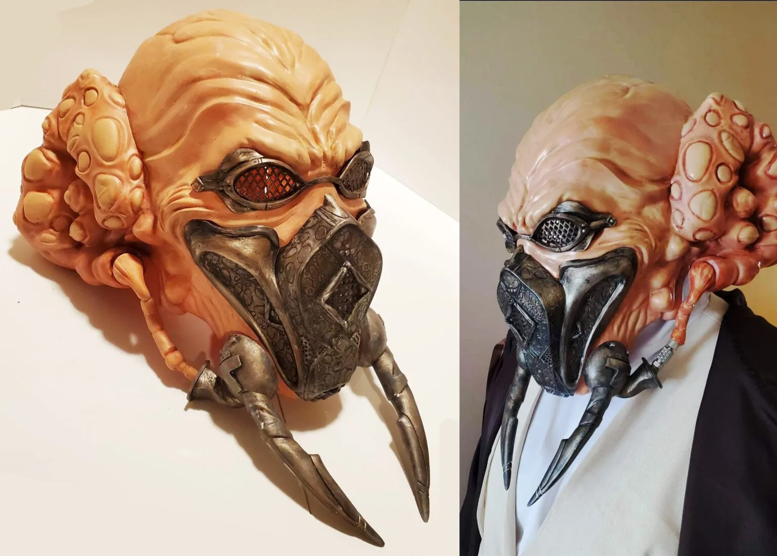 Lifestyle photo of 3D printed Plo Koon head cosplay prop, detailed Mandalorian armor with glowing eyes