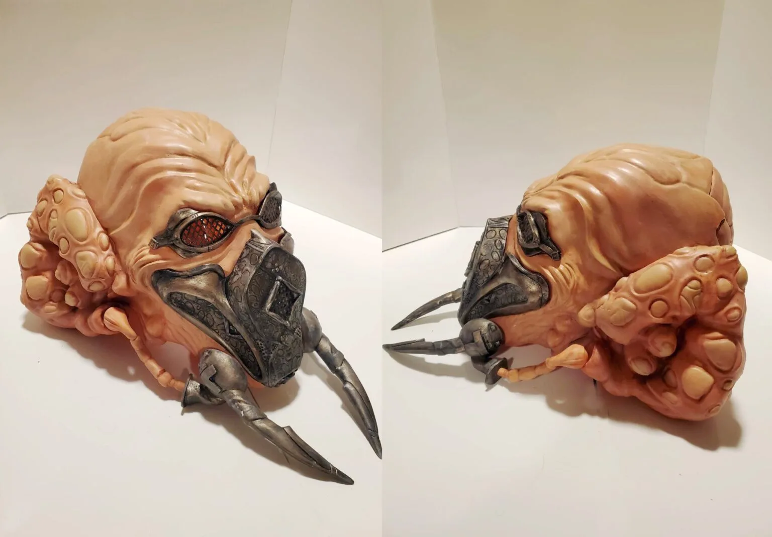 Clay render of The Plo Koon head, detailed Mandalorian-inspired armor, 3D print cosplay prop