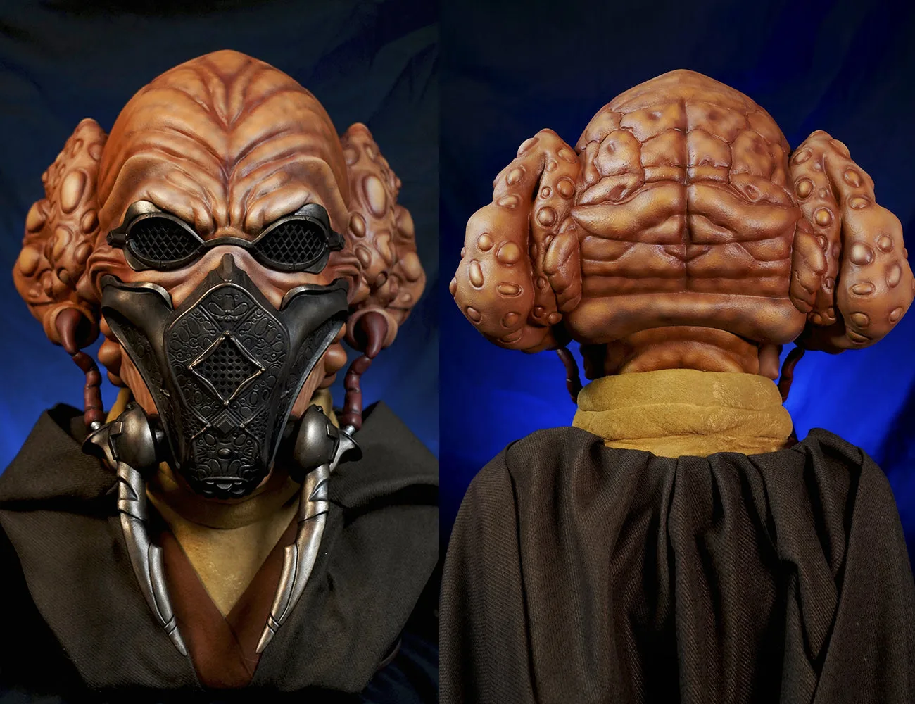 Painted 3D render of Plo Koon head, Star Wars Jedi Master cosplay prop, detailed facial mask view
