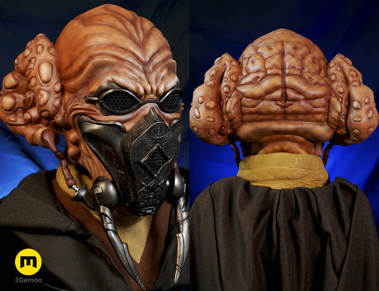 Painted 3D render of The Plo Koon head, Star Wars Jedi Master cosplay prop, detailed back view.
