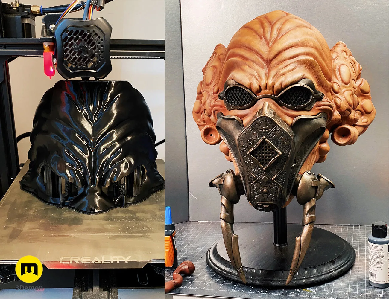 Painted 3D render of The Plo Koon head, orange textured face with goggles, 3D print cosplay prop