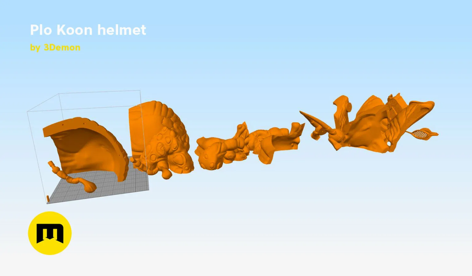 Color-coded parts breakdown of Plo Koon helmet STL, exploded view of Star Wars cosplay prop