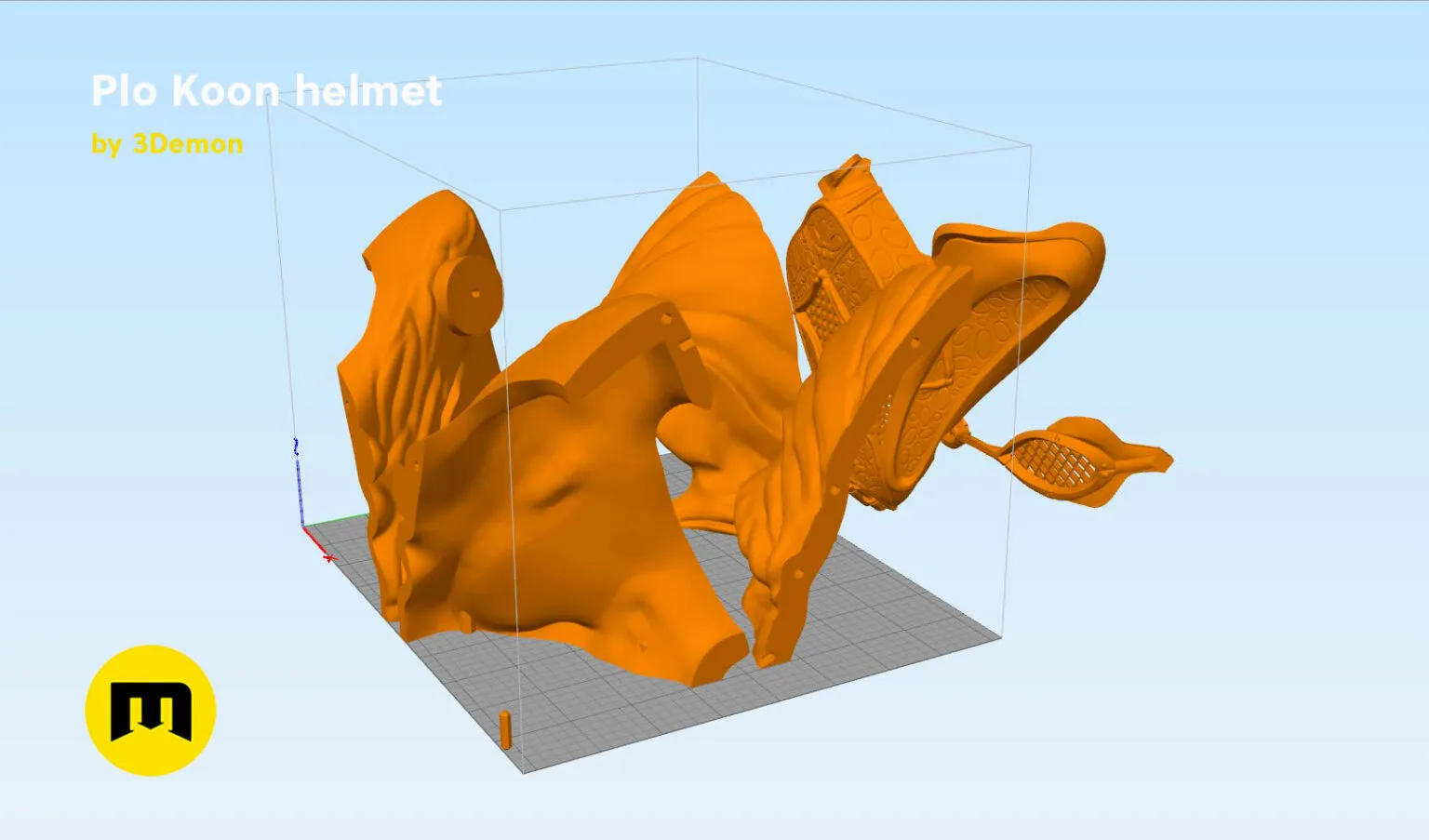 Color-coded parts breakdown of Plo Koon helmet STL, Star Wars cosplay prop assembly guide