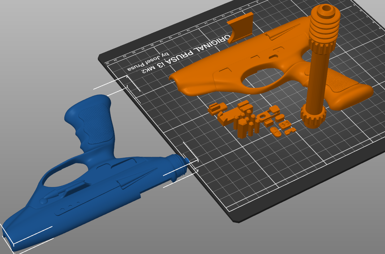 Slicer screenshot of Relby K-23 Blaster STL, orange parts on Prusa print bed
