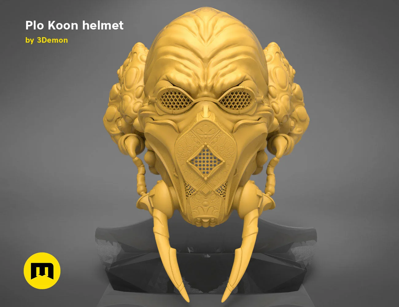 3D visualization of Plo Koon helmet, detailed Star Wars cosplay prop with blue respirator, 3D print