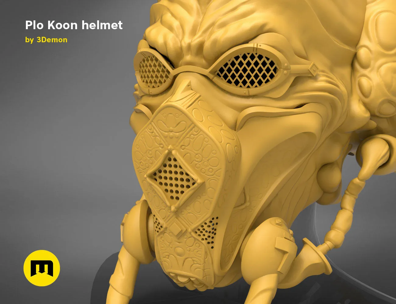 3D model render of Plo Koon helmet, detailed headpiece with intricate Star Wars cosplay prop design