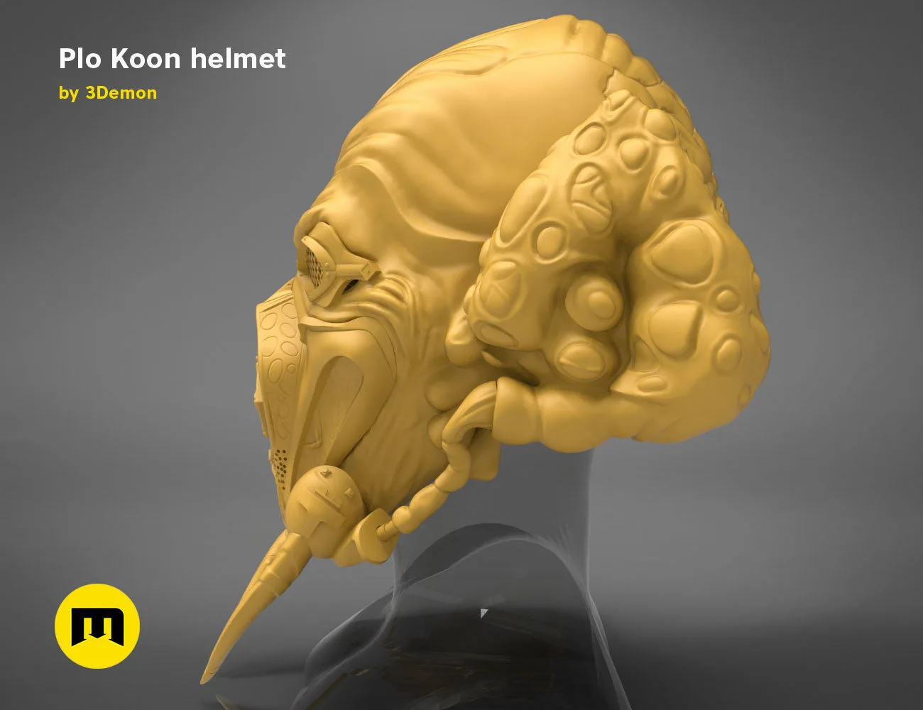3D visualization of Plo Koon helmet, Star Wars cosplay prop, side view with horn detail
